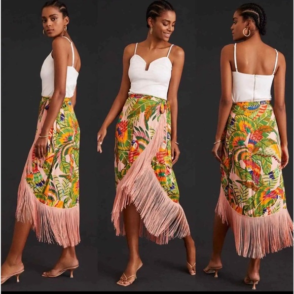 Cupcakes & Cashmere Macaw Leaves Tropical Fringe Skirt Size Small - Picture 7 of 8